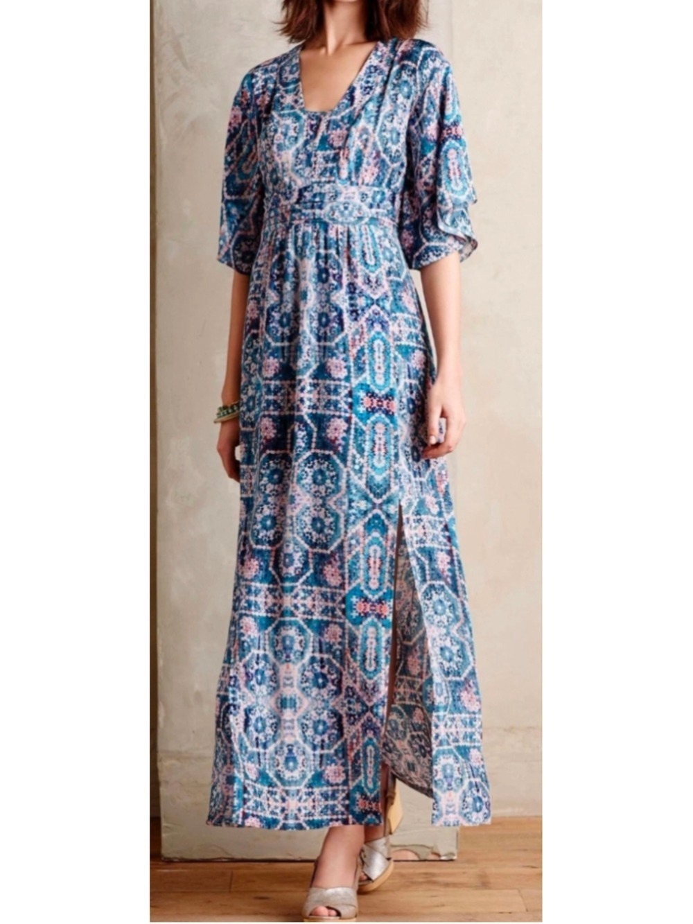 Anthropologie Maeve Silk Tilework Maxi Dress Blue Pink Boho Slit Size 2